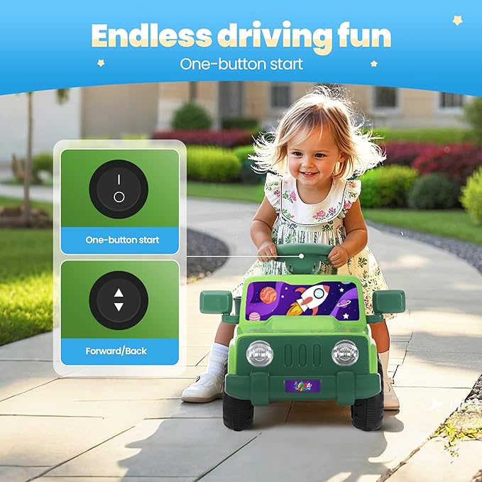6V Toddler Ride On Car Interactive Electric Car with Horn LED Front Light Rear Storage Stellar Galaxy Theme Perfect for Boys & Girls 18+ Months Safe & Fun for Little Explorers(Green Space)