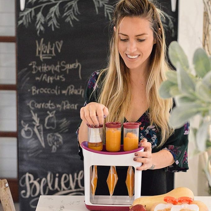 Infantino Squeeze Station, Baby Food Maker & Pouch Filler, Fill 3 Reusable Pouches at Once, Easy to Use, Dishwasher Safe, Homemade Baby Food Prep Essential, Purple