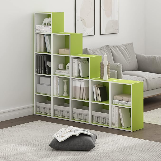 Furinno Luder Bookcase / Book / Storage, 4-Tier Cube, Green/White