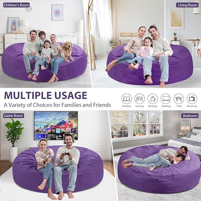 7FT Bean Bag Chair, Large Bean Bag Chairs with Memory Foam Filled, Fluffy Beanbag Sofa with Dutch Velvet Cover, Round BeanBag Chairs for Living Room, Playroom - Purple