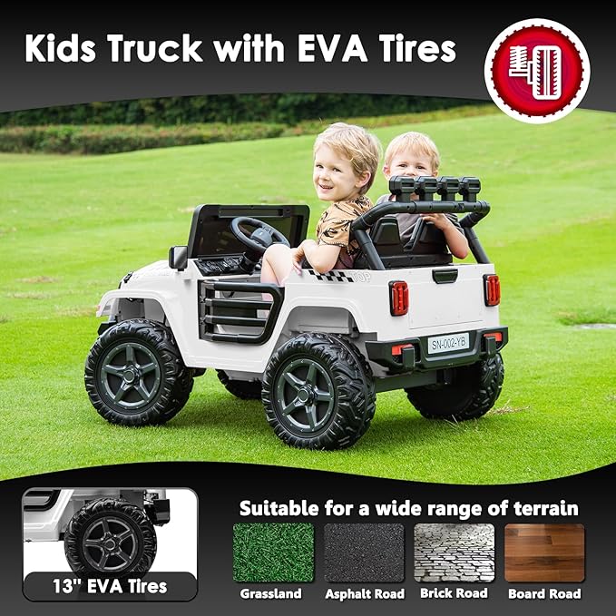 24V 2 Seater Ride On Truck with Remote Control 4WD Electric Car for Kids Ride On Car Battery Powered Ride On Toy Car with Music Player, LED Lights, Bluetooth, Rear Shock Absorber, White