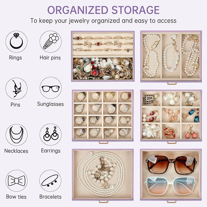 AKOZLIN 6-Tier Jewelry Box Organizer Functional 5 Drawers Leather Jewelry Storage Case for Women Girls Ring Necklace Earring Bracelet Holder Organizer with Mirror Violet