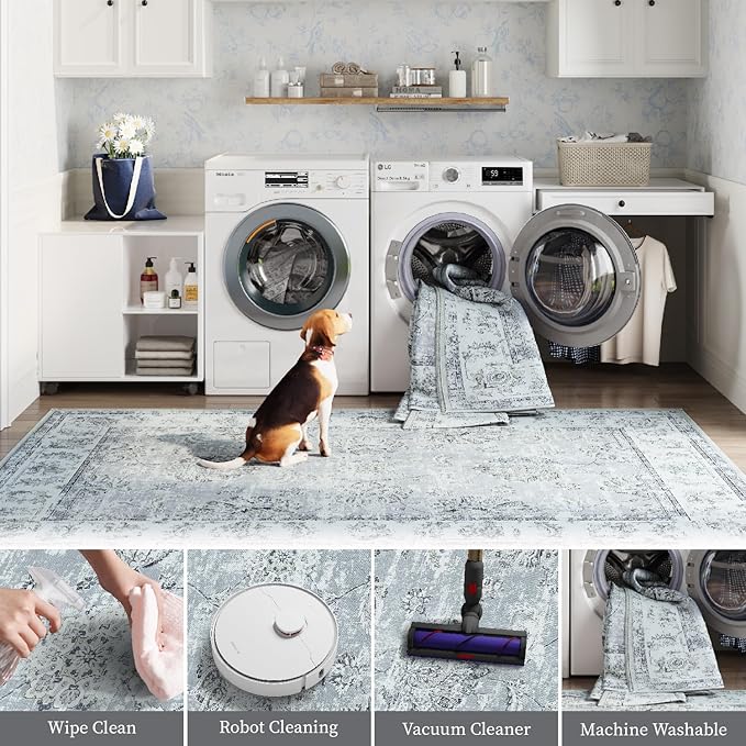 jinchan Runner Rug 2x6 Washable Hallway Runner - Vintage Floral Non Slip Low-Pile Soft Thin Kitchen Rug Distressed Carpet for Farmhouse Bedroom Entryway Laundry Room(2x6ft,Grey)