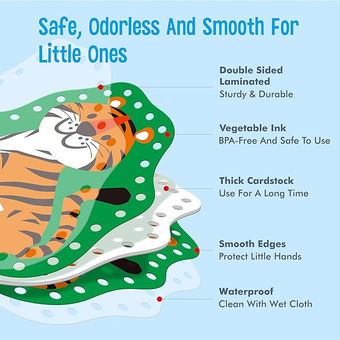 9 Pieces Kids Lacing Cards, Double Sided Sewing Cards in 9 Wild Animals with 9 Colorful Laces, Imagination Development Lacing Toys Games for Children Educational and Learning Activity