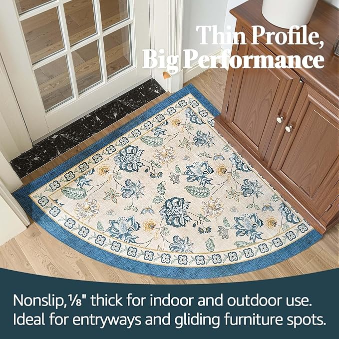 jinchan Floral Corner Rug for Entryway Washable Kitchen Rug Vintage Romance Design Non Slip Quarter Circle Lightweight Low-Pile Throw Carpet for Playroom Reading Nook Nursery, 4ft Radius, Blue/Beige