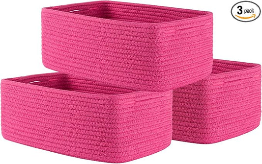 KALLAX Small Woven Basket, 13.5 x 9.5 x 5 Inches, Storage Basket for Organizing, Cute Small Rope Shelf Closet Cube Storage Bins Baskets for Shelves, Dog Toy Gift Baskets Empty, 3 Packs, Hot Pink