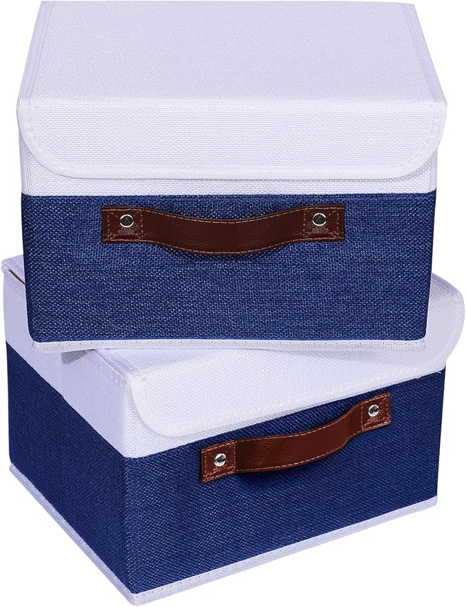 ANMINY 4PCS Storage Boxes with Lid Washable Decorative Storage Bin Basket with PU Leather Handle Foldable Linen Fabric Storage Cube Container for Home Closet Organizer - Deep Blue White, Small Size