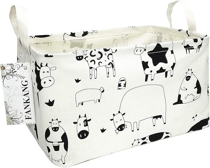 FANKANG Storage Basket,Nursery Hamper Canvas Laundry Basket Foldable with Waterproof PE Coating Storage, Office, Bedroom, Clothes,Toys(L, Rec-cows)