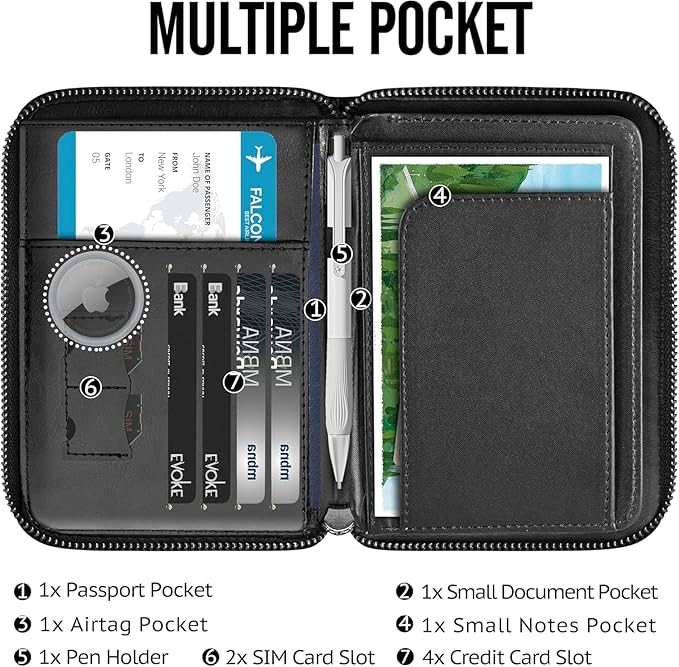 Genuine Leather Passport Wallet for Travel, RFID Blocking Cover with Zipper Closure and 3 Passport Pockets (Black)