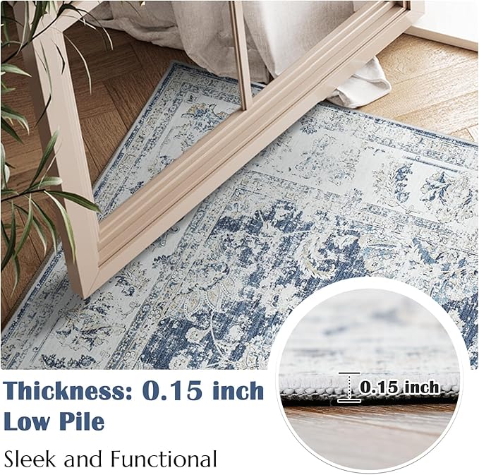 jinchan Runner Rug 3x10-2pcs Kitchen Washable Vintage Hallway Rug Floral Print Floor Cover Indoor Thin Retro Mat Accent for Bathroom Laundry Room Bedroom Office Farmhouse (Double,Dark Blue)