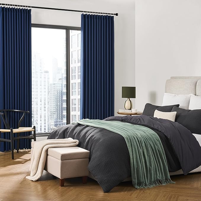 KEQIAOSUOCAI 92 Inch Long Curtains Navy Blue Pinch Pleated Draperies for Track System, Fancy Luxury Bedroom Drapes Thermal Insulating Window Blackout Nautical Curtain for Living Room 2 PCs