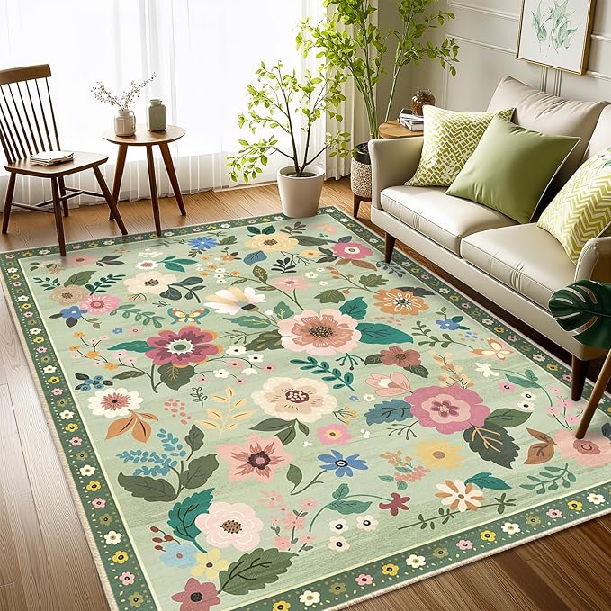 Floral 3x5 Area Rug Machine Washable Soft Print Boho Carpet Non Slip Doormat Low Pile Flower Area Rugs for Living Room Bedroom Nursery Kitchen Dining Room Indoor-Light Green