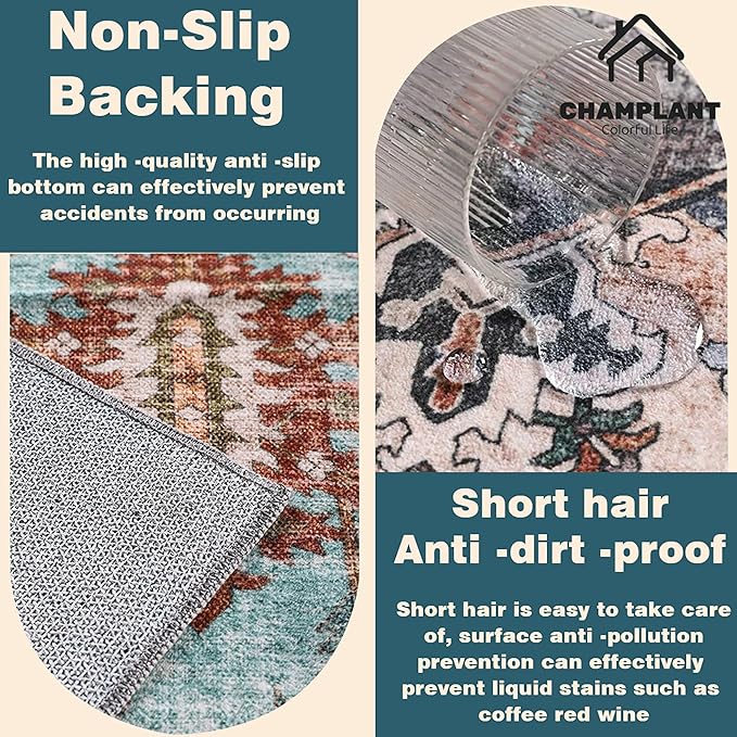 Area Rug 9x12 Washable Orange Gray Vintage Traditional Mat Distressed Indoor Foldable Thin Retro Accent Floral Print Rug Non Slip Carpet Living Room Dining Room Office