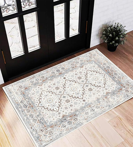Area Rug 2x3 Washable Rug Door Mat Vintage Distressed Doormat Indoor Entrance Traditional Thin Floral Print Non Slip Carpet for Kitchen Bathroom Bedroom Living Room