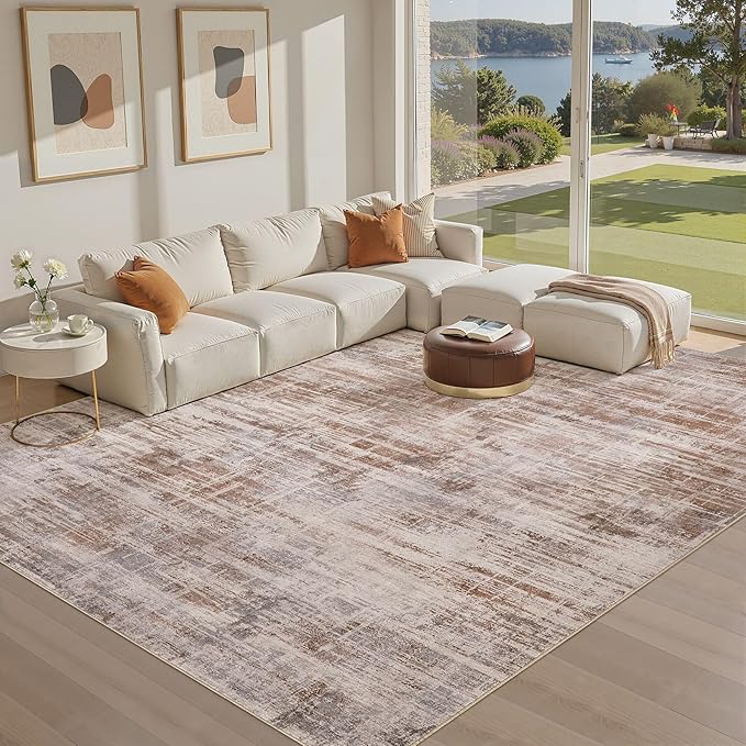 Area Rug for Living Room: 8x10 Washable Neutral Abstract Modern Soft Rugs Non Slip Indoor Floor Stain Resistant Large Carpet for Bedroom Dining Room Office Nursery - Red Brown