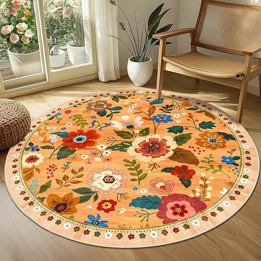 Floral 4ft Area Rug Machine Washable Soft Print Boho Carpet Non Slip Doormat Low Pile Flower Area Rugs for Living Room Bedroom Nursery Kitchen Dining Room Indoor-Yellow/Orange