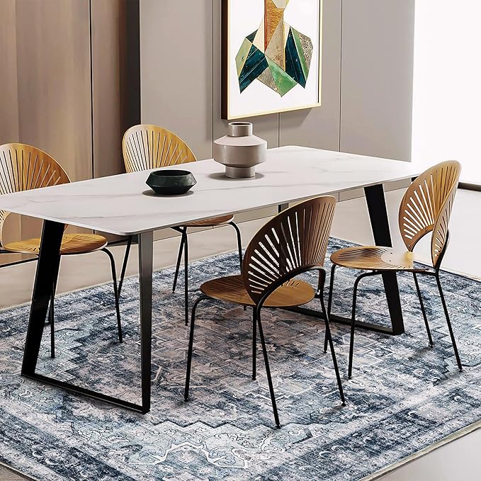 Area Rug 5'x7' Dark Blue Washable Vintage Traditional Floor Cover Thin Retro Kitchen Indoor Distressed Non Slip Carpet for Living Room Bedroom Dining Room