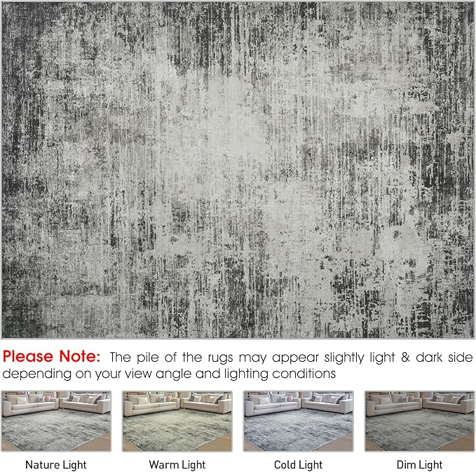 Area Rug 9x12 Washable Rugs: Abstract Large Living Room Rugs with Non-Slip Backing, Stain Resistant Indoor Floor Carpet for Bedroom Dining Room Table Nursery Hallway Home Office-Black/Gray