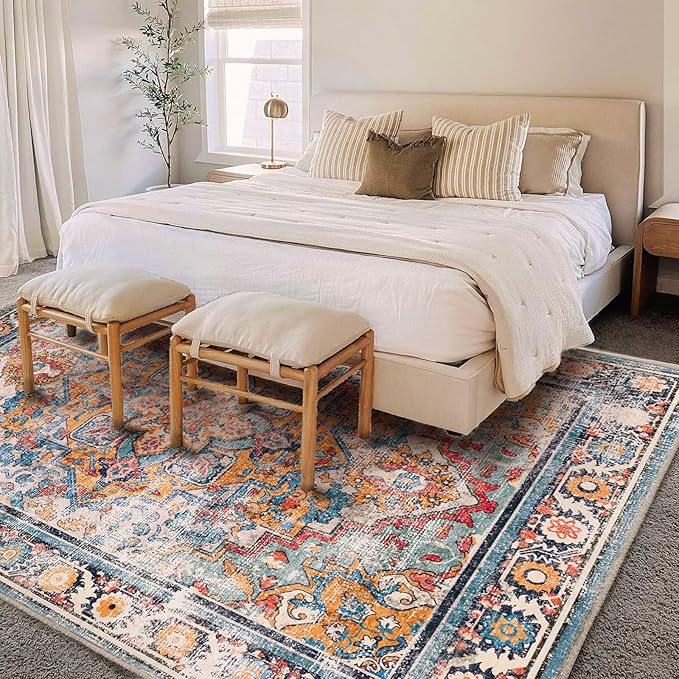6'x9' Washable Vintage Area Rug Boho Chic Medallion Distressed Design Non-Shedding Easy Care Ideal for High Traffic Areas in Living Room Bedroom Kitchen Office Large Carpet
