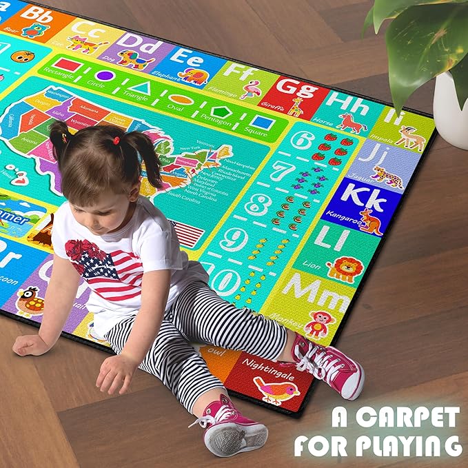 ABC Rug for Kids Playroom, 5'x 6'6" Washable Classroom Area Rugs, Educational Learning Mat with Alphabet Numbers Animals Seasons Shapes for Classroom Preschool Playroom