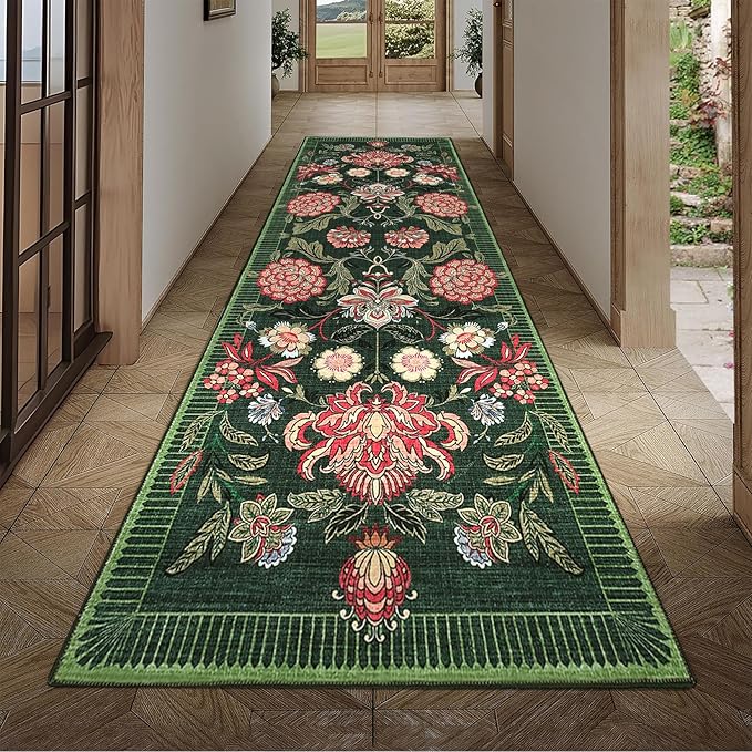 GarveeHome Forest Green Floral Botanical 2x6 Washable Kitchen Runner Rugs Non Slip Vintage Boho Cottage Long Rug for Hallways Bedroom Entryway Bathroom Mat with Rubber Back