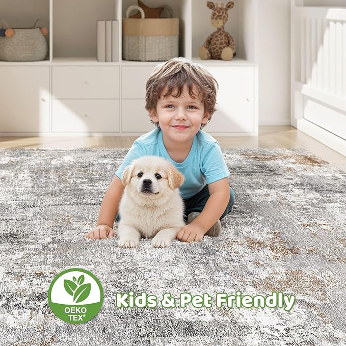 9x12 Area Rug Living Room: Washable Large Abstract Modern Soft Stain Resistant Indoor Floor Rugs Non Slip Accent Carpet for Bedroom Nursery Playroom Office Dining Room Dorm Home House- Gray Rust