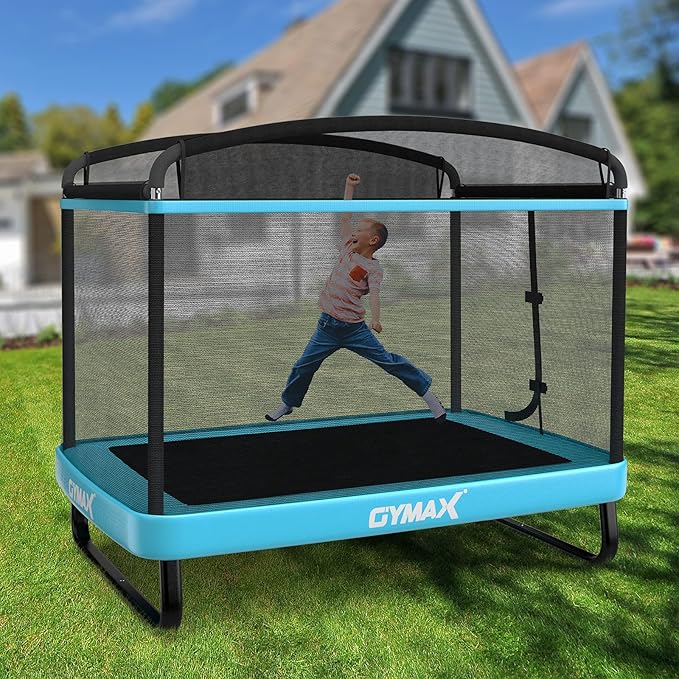 GYMAX Trampoline for Kids, 6FT Toddler Trampoline with Swing & Enclosure Safety Net, ASTM Approved Rectangle Recreational Trampoline for Indoor/Outdoor, Birthday for Baby Boys & Girls