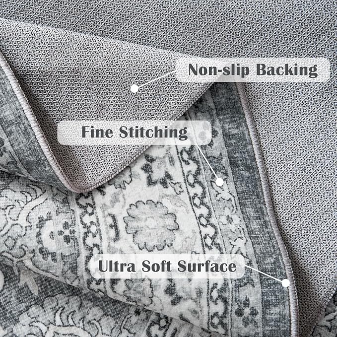 jinchan Round Rug 7ft Washable Circle Soft Rug - Low Pile Vintage 7'Round Indoor Grey Floral Print Stain Resistant Boho Carpet Ultra-Thin Non-Slip for Living Room Bedroom Dining Room Kitchen