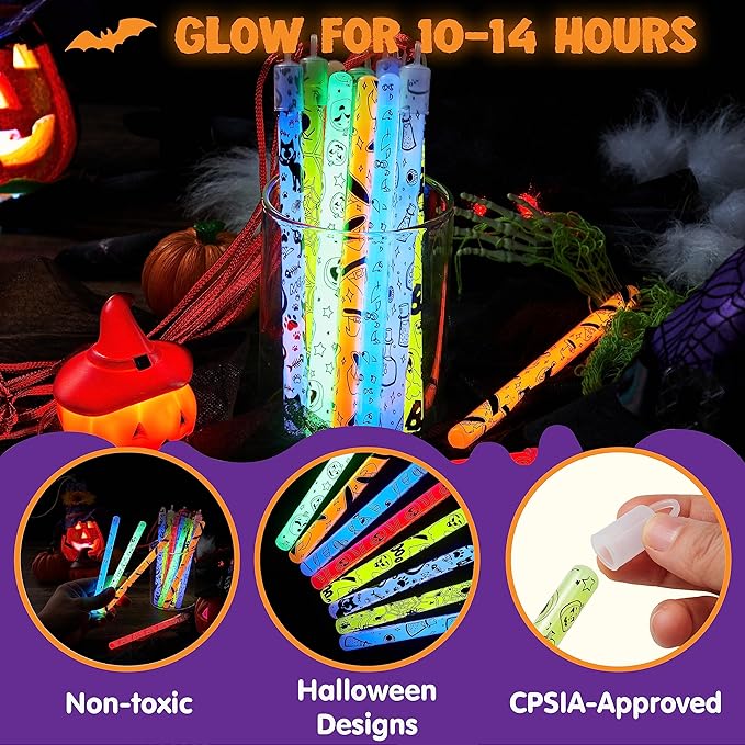 JOYIN 24 Pcs Halloween Glow Stick Hanging Wands in 8 Different Pattern Designs and 6 Colors for Kids Party Favors, Halloween Party Supplies, Glow in the Dark, Goodies Bags Fillers, Non Candy Treats
