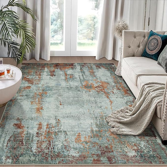 5x7 Area Rugs for Living Room Rug Washable: Modern Rug for Dining Room Bedroom Carpet Non Slip Low Pile 5 by 7 Indoor Abstract Nursery Home Office Red Brown