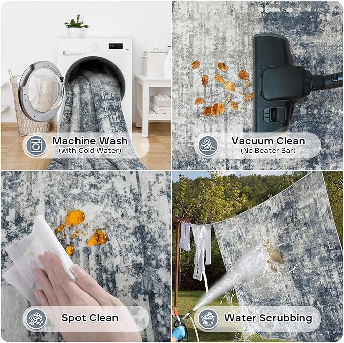 9x12 Area Rugs for Living Room Rug Washable: Modern Large Rug for Dining Room Bedroom Carpet Non Slip 9 by 12 Indoor Abstract Nursery Home Office Blue Grey