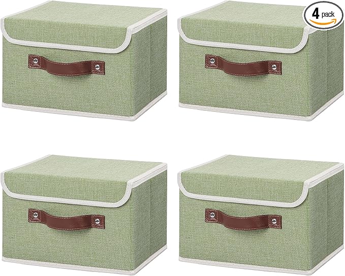 ANMINY 4PCS Storage Bins with Lid PU Leather Handles Storage Boxes PP Plastic Board Decorative Foldable Lidded Cotton Linen Fabric Home Cubes Baskets Closet Organizer Containers - Green, Small Size