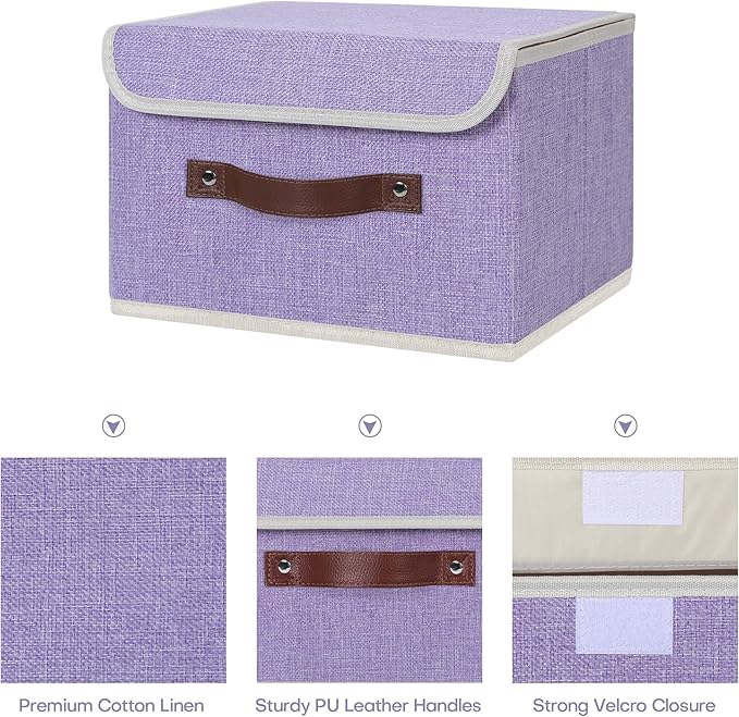 ANMINY 4PCS Storage Bins with Lid PU Leather Handles Storage Boxes PP Plastic Board Decorative Foldable Lidded Cotton Linen Fabric Home Cubes Baskets Closet Organizer Containers - Purple, Small Size