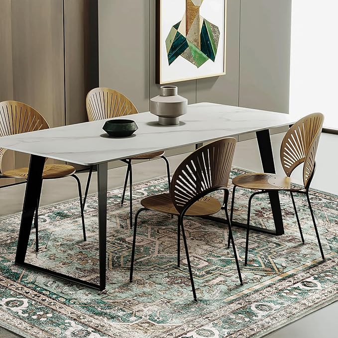 Green Area Rug 10'x14' Washable Vintage Traditional Mat Distressed Indoor Foldable Thin Retro Accent Floral Print Rug Non Slip Carpet for Living Room Dining Room Office