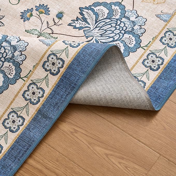 jinchan Floral Corner Rug for Living Room Washable Bedroom Rug Vintage Romance Design Non Slip Quarter Circle Lightweight Low-Pile Throw Carpet for Reading Nook Playroom,6ft Radius, Blue/Beige