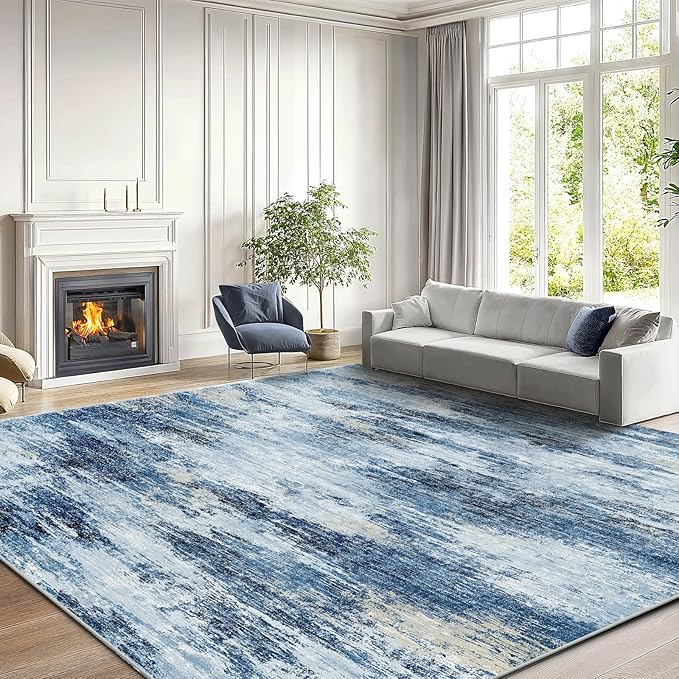 Amada 8x10 Area Rug, Modern Abstract Living Room Rug with Non-Slip Backing & Short Pile, Large Washable Rug with Abstract Pattern for Living Room, Bedroom and Dinning Room, Blue