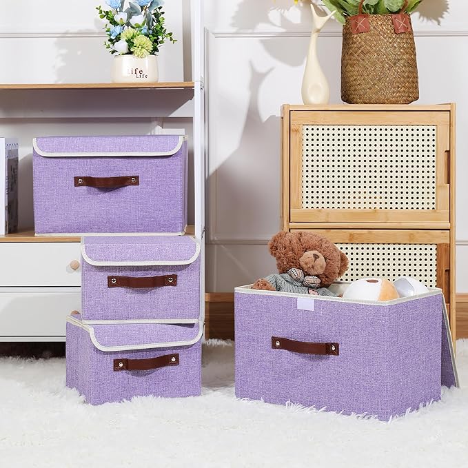 ANMINY Storage Bin with Lid Storage Boxes with PU Leather Handles PP Plastic Board Decorative Foldable Lidded Cotton Linen Fabric Home Cubes Baskets Closet Organizer Container - Purple, Large Size