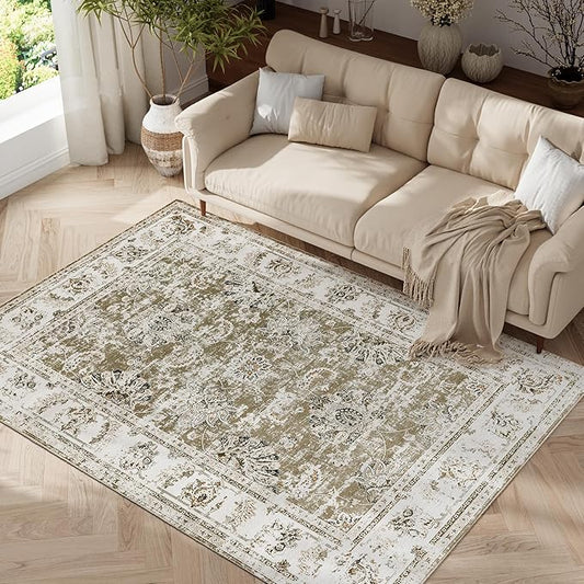 jinchan 4x6 Area Rugs for Bedroom - Machine Washable Distressed Vintage Floral Design Stain Resistant Boho Carpet Ultra-Thin Low Pile Non-Slip Rug for Living Room Dining Room Kitchen (4‘x6',Taupe)