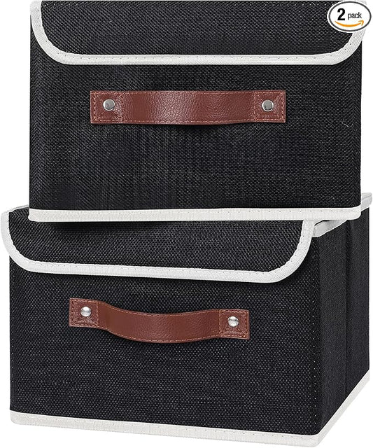 ANMINY 2PCS Storage Bins with Lid PU Leather Handles Storage Boxes PP Plastic Board Decorative Foldable Lidded Cotton Linen Fabric Home Cubes Baskets Closet Organizer Containers - Black, Small Size