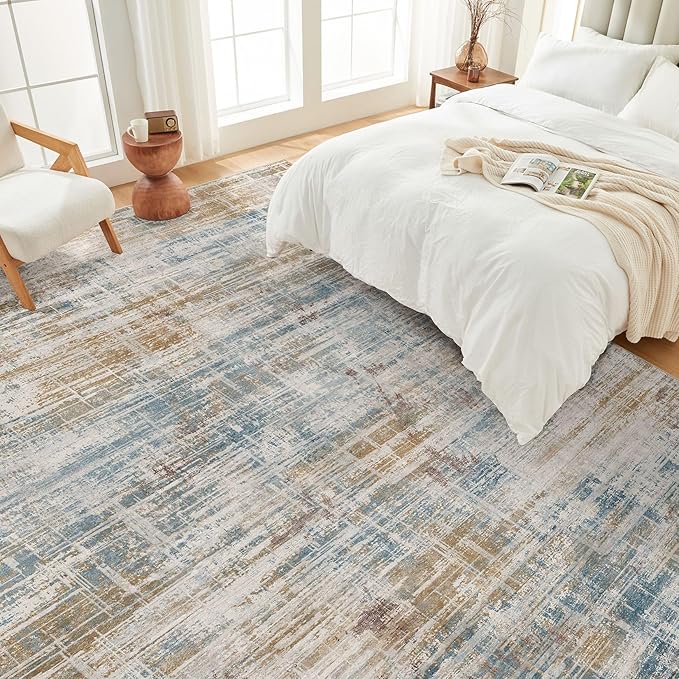 Area Rug for Living Room: 10x14 Washable Neutral Abstract Modern Soft Rugs Non Slip Indoor Floor Stain Resistant Large Carpet for Bedroom Dining Room Office Nursery - Blue Brown