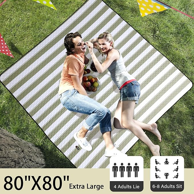 HX&OD Outdoor Picnic Blanket Extra Large, 80”x80” Waterproof Picnic Mat Foldable Camping Blanket Portable with Carry Strap for Beach Mat (Green)