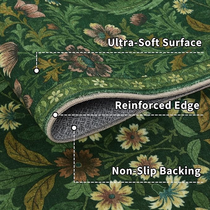 Floral Washable 6x9 Area Rug，Dark Green Boho Rugs for Living Room, Soft Low-Pile Non-Slip Stain Resistant & Non-Shedding Carpet for Bedroom, Dining Room, Office, Entryway, Nursery