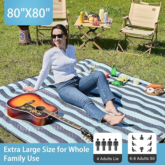 HX&OD Outdoor Picnic Blanket Extra Large, 80''*80'' Waterproof Picnic Mat with Stakes Foldable Camping Blanket Portable with Carry Strap for Beach Mat (Grey& Green, 80''*80'')