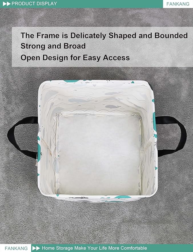 FANKANG Square Nursery Hamper Storage Bins Canvas Laundry Basket Foldable with Waterproof PE Coating Storage Baskets Gift Baskets for Children, Office, Bedroom, Clothes（Square-whales ）