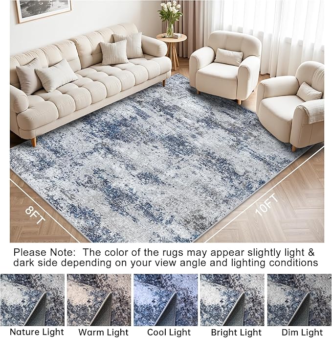 Area Rugs 8x10 Living Room Rugs: Modern Abstract Washable Rug with Non-Slip Backing, Stain Resistant Indoor Floor Large Carpet for Bedroom Dining Room Table Nursery Hallway Home Office Blue/Gray/Black