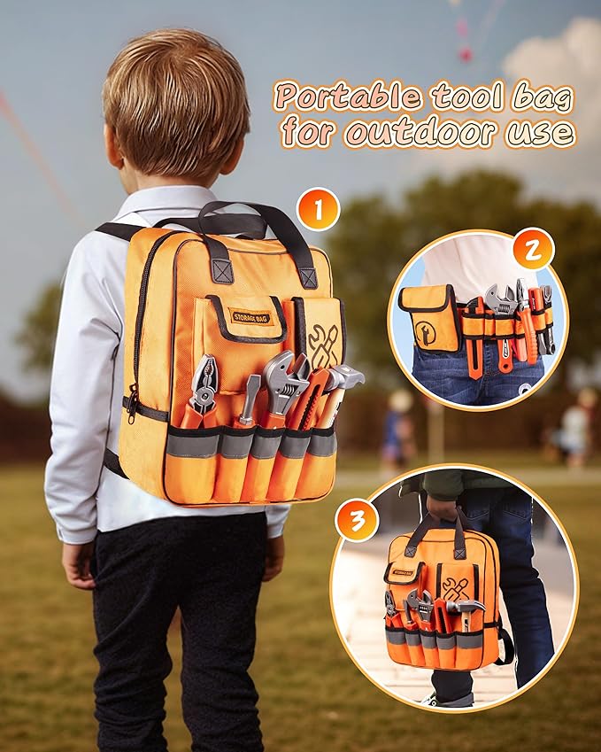 36Pcs Kids Tool Set, Toddler Tool Construction Toys with Belt & Electronic Drill for Boys Girls 3-5, Sturdy Tool Bag Suitable for Outdoor Use