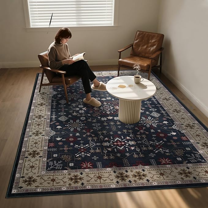 6x9 Washable Blue Area Rug for Living Room Bedroom, Boho Dining Room Rugs for Under Table, Large Low Pile Non-Slip Vintage Print Carpets for Farmhouse, Office, Dorm