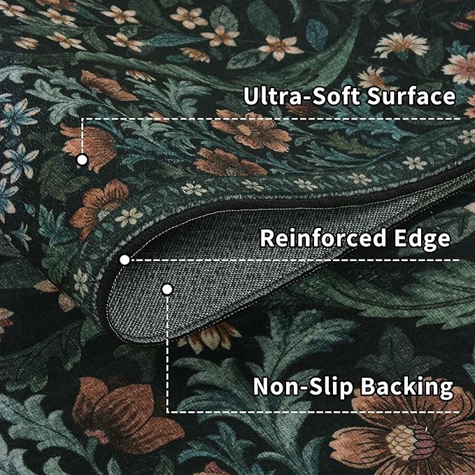 3x5 Black Boho Floral Vintage Area Rug,Soft Lightweight Low Pile Non-Shedding Carpet,Machine Washable Stain Resistant & Non-Slip for Entryway,Bedroom, Kids Room,Living Room