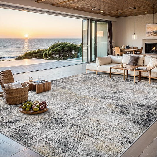 Area Rugs 10x12 Living Room - Washable Rug Modern Abstract Soft Large Neutral Non-Slip Carpet Indoor Floor Thin Carpets for Bedroom Dining Room Farmhouse Nursery Home Office Brown Black Grey