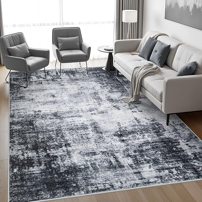 6x9 Area Rug Living Room Rug: Washable Modern Abstract Soft Thin Rug Indoor Floor No Slip Stain Resistant Carpet for Bedroom Dining Room Farmhouse Nursery Home Office - Dark Black